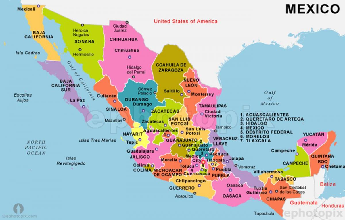 Meksiko kartica država i glavnih gradova